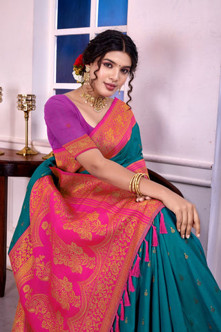 Teal Blue Soft Silk Banarasi Pattu Saree_Kumari Sarees