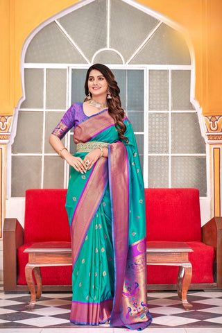 TEAL BLUE SOFT PESHWAI PAITHANI SILK SAREE