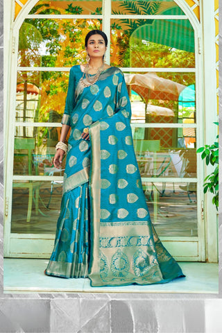 TEAL BLUE KANJEEVARAM HANDLOOM SILK SAREE WITH LEAF DESIGN