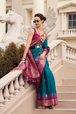 Teal Blue Soft Silk Zari Weaving Saree_Kumari Sarees