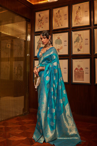 TEAL BLUE HANDLOOM WEAVING SILK SAREE