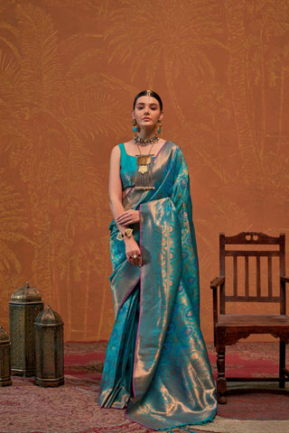 Teal Blue Handloom Weaving Silk Saree