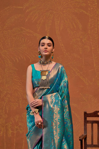 Teal Blue Handloom Weaving Silk Saree