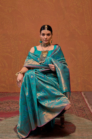 Teal Blue Handloom Weaving Silk Saree