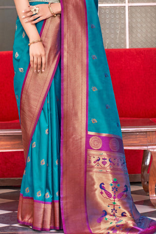 TEAL BLUE SOFT PESHWAI PAITHANI SILK SAREE