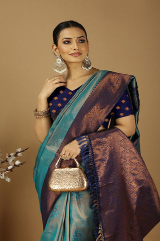 Teal Blue & Purple Banarasi Silk Saree_Kumari Sarees