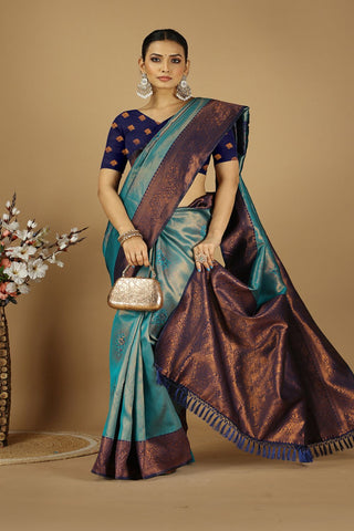 Teal Blue & Purple Banarasi Silk Saree_Kumari Sarees