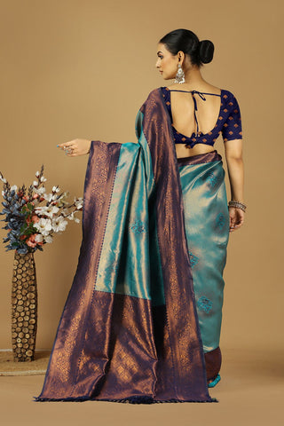 Teal Blue & Purple Banarasi Silk Saree_Kumari Sarees