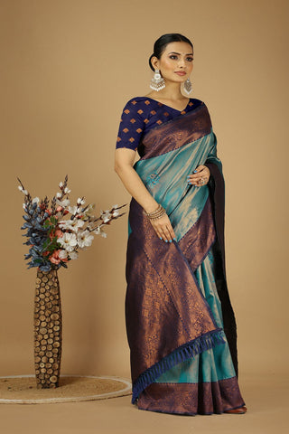 Teal Blue & Purple Banarasi Silk Saree_Kumari Sarees