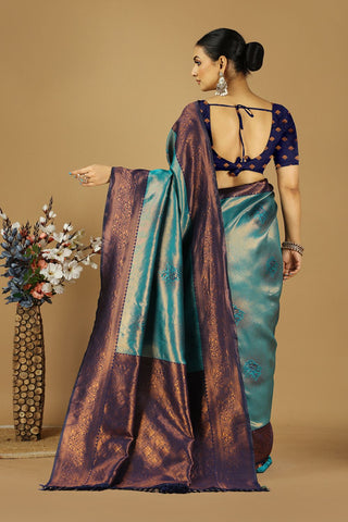Teal Blue & Purple Banarasi Silk Saree_Kumari Sarees