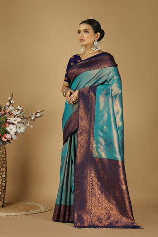 Teal Blue & Purple Banarasi Silk Saree_Kumari Sarees