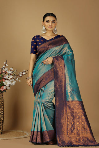 Teal Blue & Purple Banarasi Silk Saree_Kumari Sarees