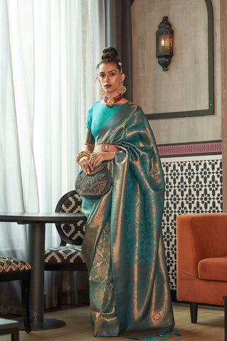 TEAL BLUE KANJEEVARAM HANDLOOM SILK SAREE 