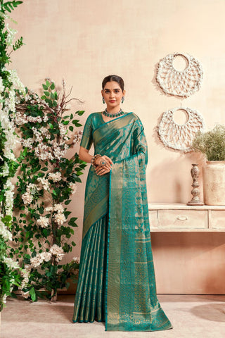 TEAL BLUE PURE DHARMAVARAM SILK SAREE WITH ZARI WEAVING