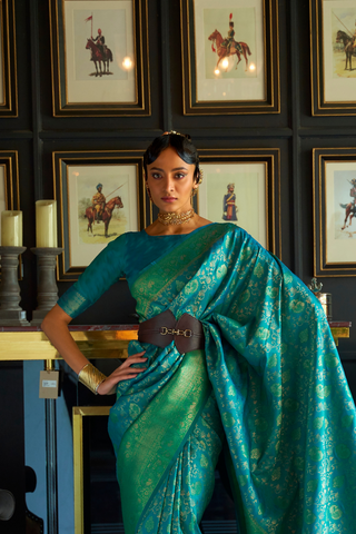 TEAL GREEN PURE CHAAP  HANDLOOM WEAVING SILK SAREE