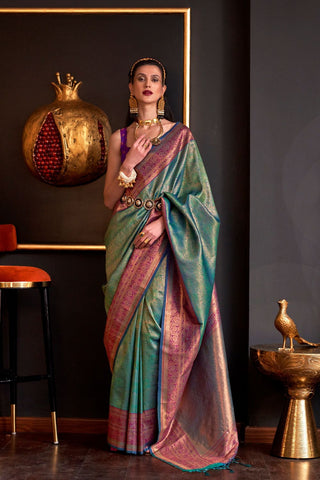 TEAL GREEN HANDLOOM WEAVING SILK SAREE