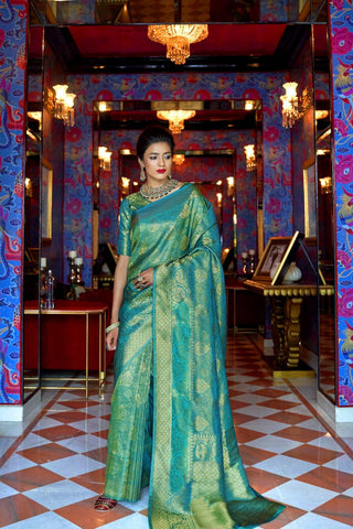 Teal Green Handloom Weaving Saree_Kumari Sarees