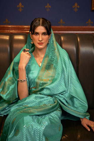 TEAL GREEN PURE SATIN WEAVING SILK SAREE