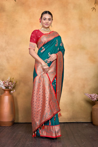 Teal Green Banarasi Silk Saree Zari With Rich Pallu_Kumari Sarees