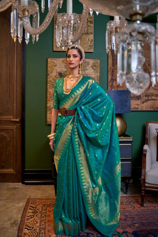 TEAL GREEN HANDLOOM WEAVING SILK SAREE