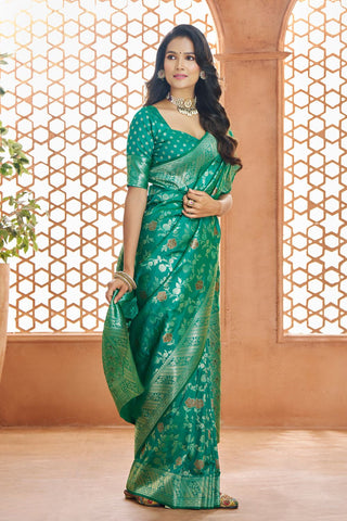 Teal Green Pure Soft Banarasi Silk Saree