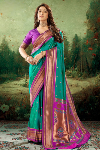 TEAL GREEN SOFT PESHWAI PAITHANI SILK SAREE