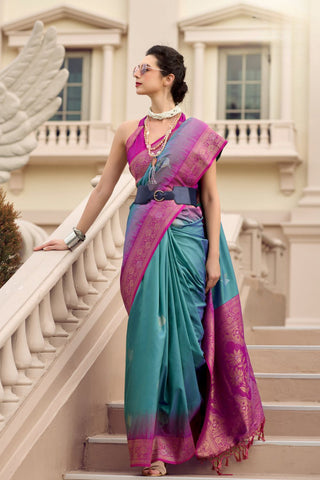 Teal Green Soft SIlk Zari Weaving Saree_Kumari Sarees