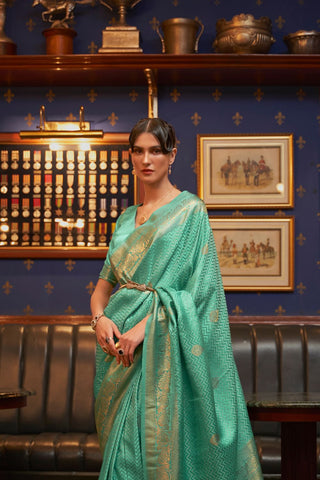 TEAL GREEN PURE SATIN WEAVING SILK SAREE