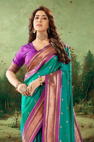 TEAL GREEN SOFT PESHWAI PAITHANI SILK SAREE