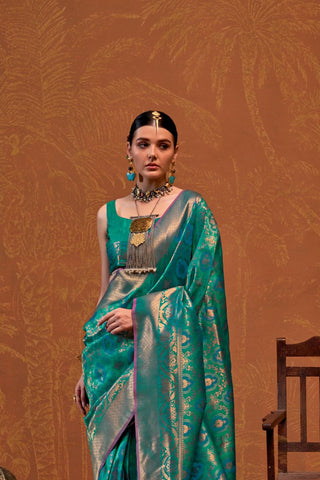 Teal Green Handloom Weaving Silk Saree