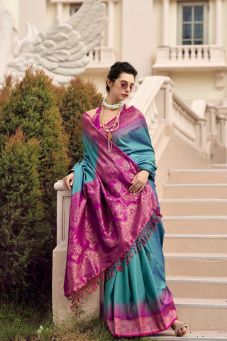 Teal Green Soft SIlk Zari Weaving Saree_Kumari Sarees