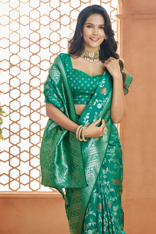 Teal Green Pure Soft Banarasi Silk Saree