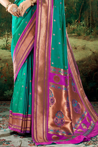 TEAL GREEN SOFT PESHWAI PAITHANI SILK SAREE