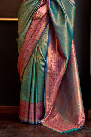 TEAL GREEN HANDLOOM WEAVING SILK SAREE