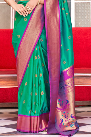 TEAL GREENSOFT PESHWAI PAITHANI SILK SAREE