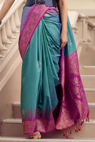 Teal Green Soft SIlk Zari Weaving Saree_Kumari Sarees