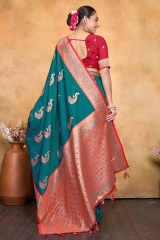 Teal Green Banarasi Silk Saree Zari With Rich Pallu_Kumari Sarees