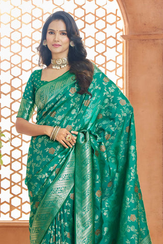 Teal Green Pure Soft Banarasi Silk Saree