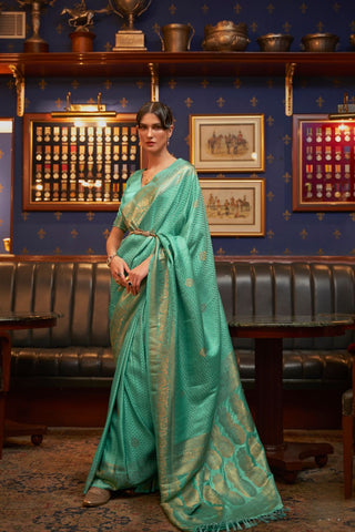 TEAL GREEN PURE SATIN WEAVING SILK SAREE