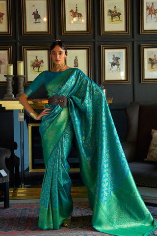 TEAL GREEN PURE CHAAP  HANDLOOM WEAVING SILK SAREE