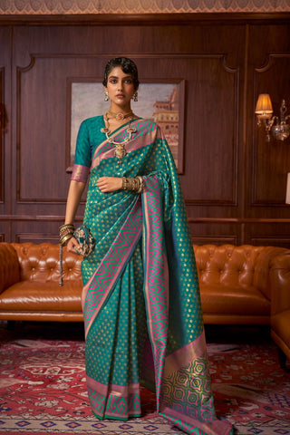 TEAL GREEN HANDLOOM WEAVING SILK SAREE