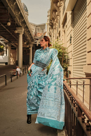 Teal Green Organza Chickankari Zari Lucknowi Handloom Weaving Saree