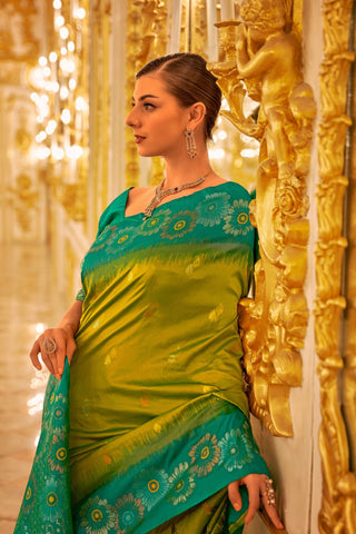 Teal Green & Pasta Soft Banarasi Silk Saree_Kumari Sarees