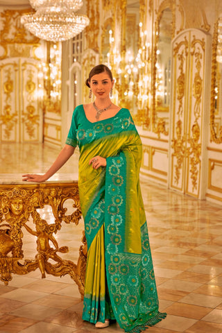 Teal Green & Pasta Soft Banarasi Silk Saree_Kumari Sarees