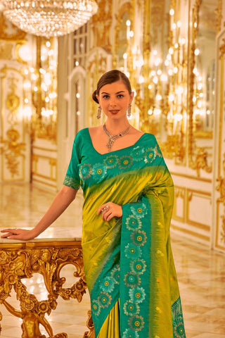 Teal Green & Pasta Soft Banarasi Silk Saree_Kumari Sarees