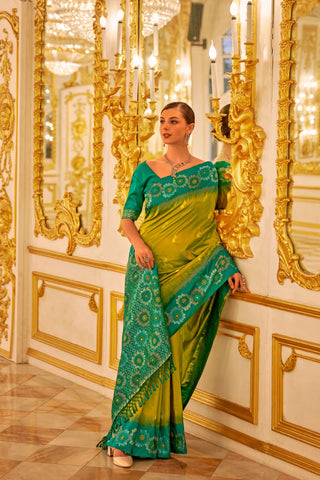 Teal Green & Pasta Soft Banarasi Silk Saree_Kumari Sarees