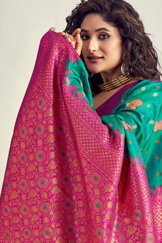 TEAL GREEN & PINK SOFT SILK SAREE