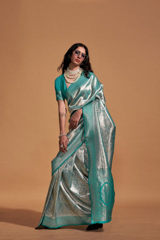 TEAL BLUE HANDWOVEN KANJIVARAM SILK SAREE