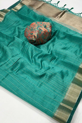 Teal Blue Chiffon Handloom Weaving Saree_Kumari Sarees