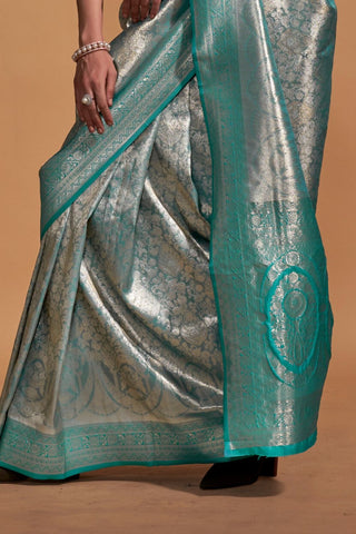 TEAL BLUE HANDWOVEN KANJIVARAM SILK SAREE